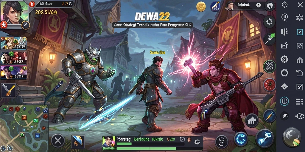 Screenshot DEWA22 menampilkan pertempuran strategis dan pembangunan kerajaan.