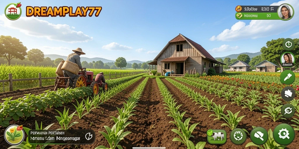 Tampilan gameplay menarik dari DREAMPLAY77 yang menampilkan dunia pertanian.