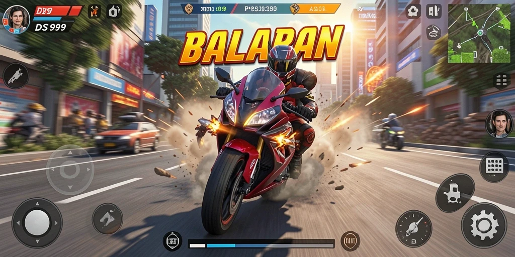 Screenshot gameplay DS99 menampilkan aksi balapan motor yang mendebarkan.
