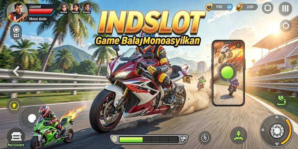 Tampilan gameplay INDSLOT dengan aksi balap motor yang mendebarkan.