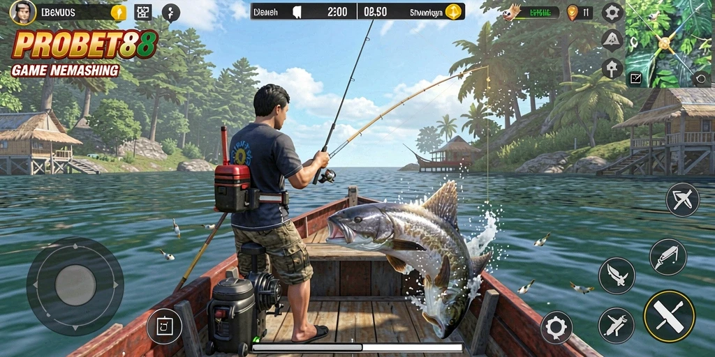 Screenshot gameplay PROBET88 yang menunjukkan aksi memancing seru.