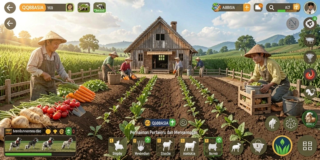 Tampilan gameplay menarik dalam QQ88ASIA dengan ladang hijau dan hewan lucu.