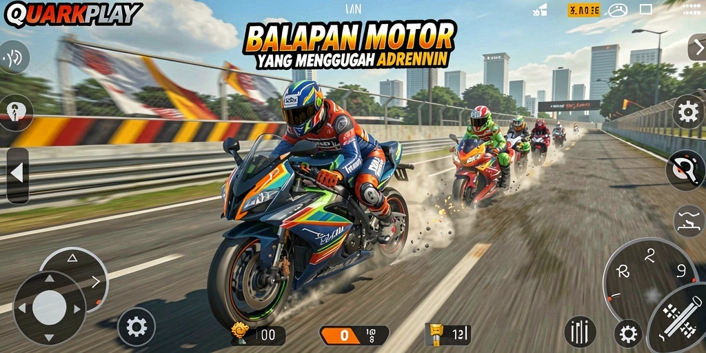 Gameplay mendebarkan dengan balapan motor yang cepat dan seru.