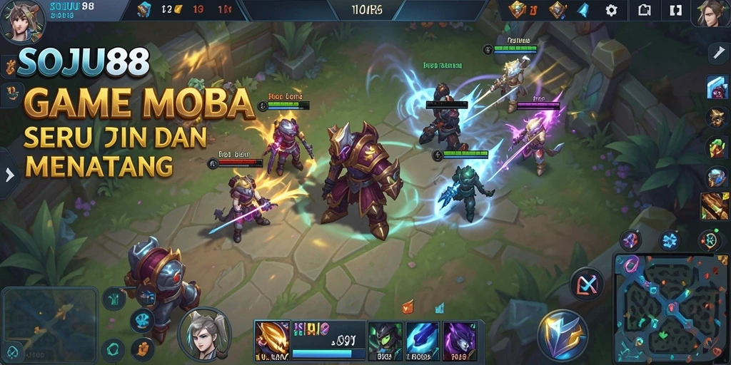 Screenshot gameplay SOJU88 yang menampilkan pertarungan sengit di arena MOBA.