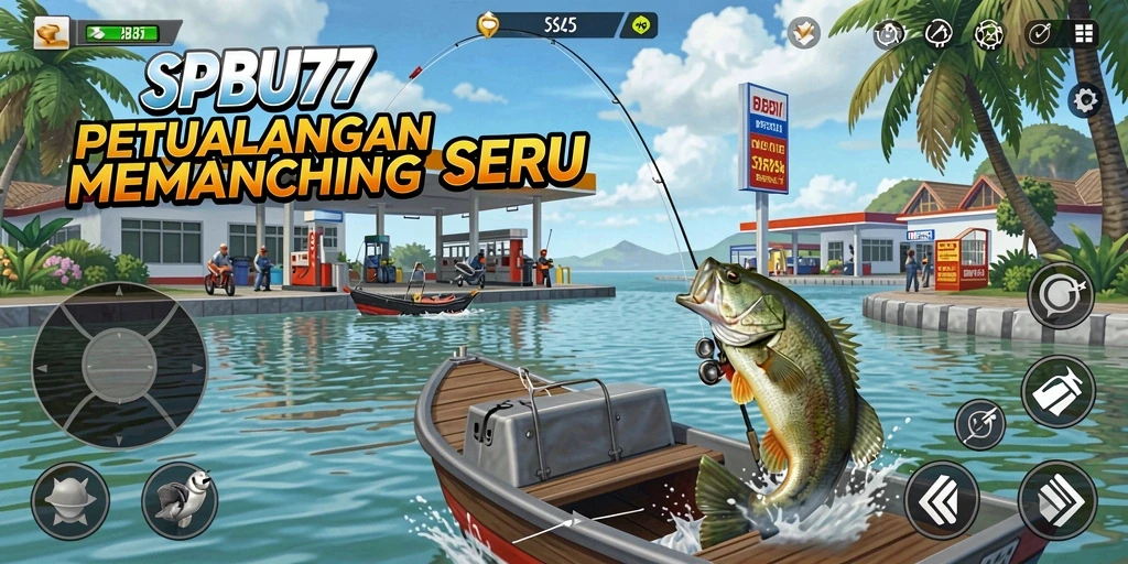 Screenshot gameplay SPBU77 menunjukkan momen memancing yang mendebarkan.